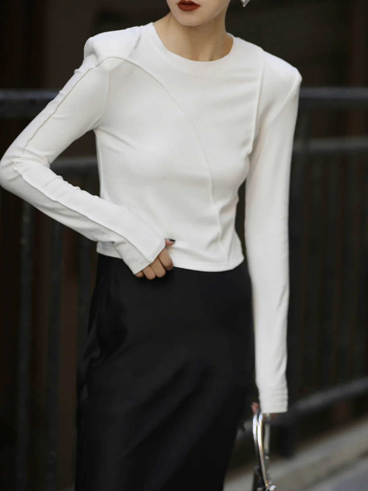 Shoulder Pads Long Sleeve Crew Neck Top - Takermore