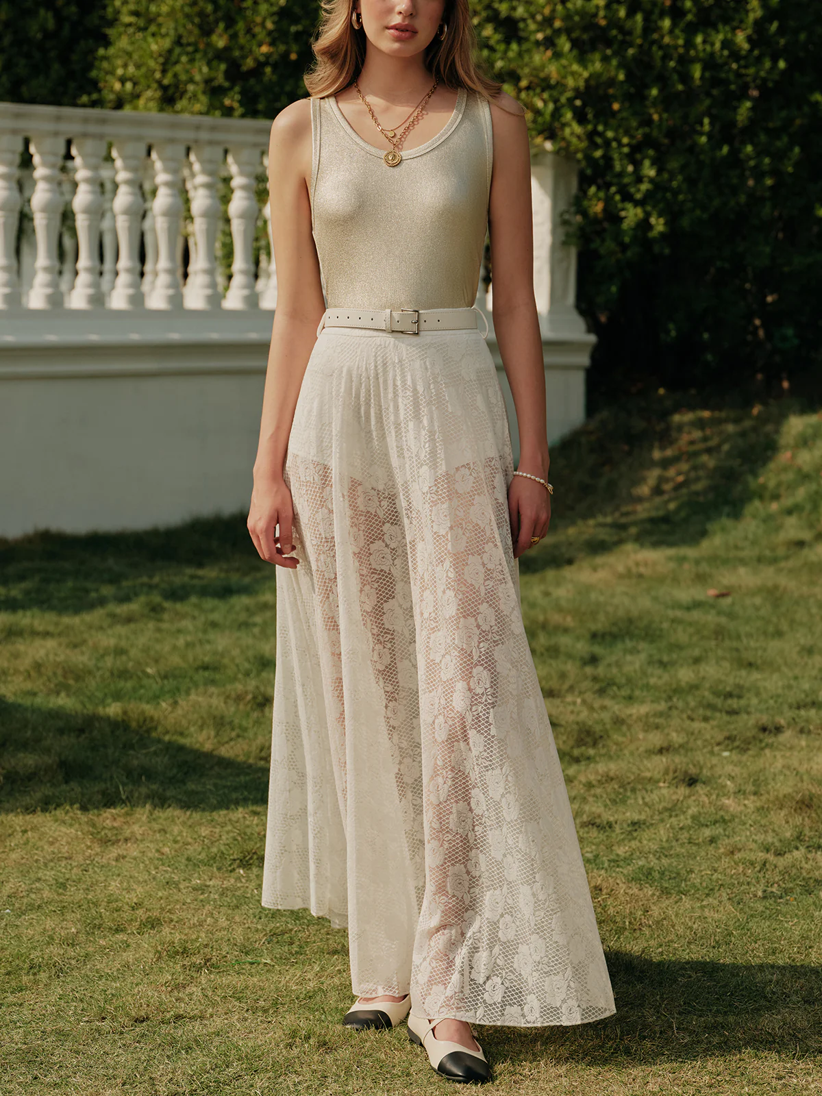 Sheer Lace Split Skirt With Belt - Takermore