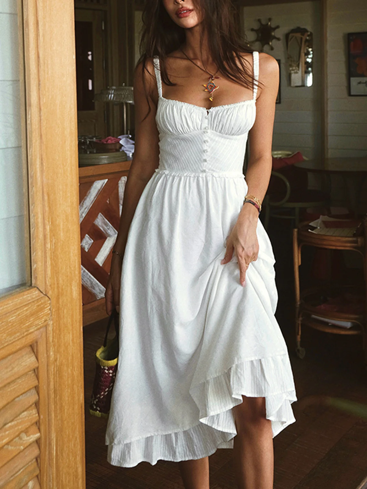 Ruffle Hem Cami Plain Midi Dress - Takermore