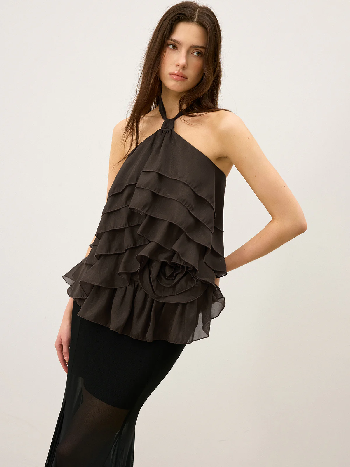 Tiered Ruffle Chiffon Halter Top with 3D Flower - Takermore