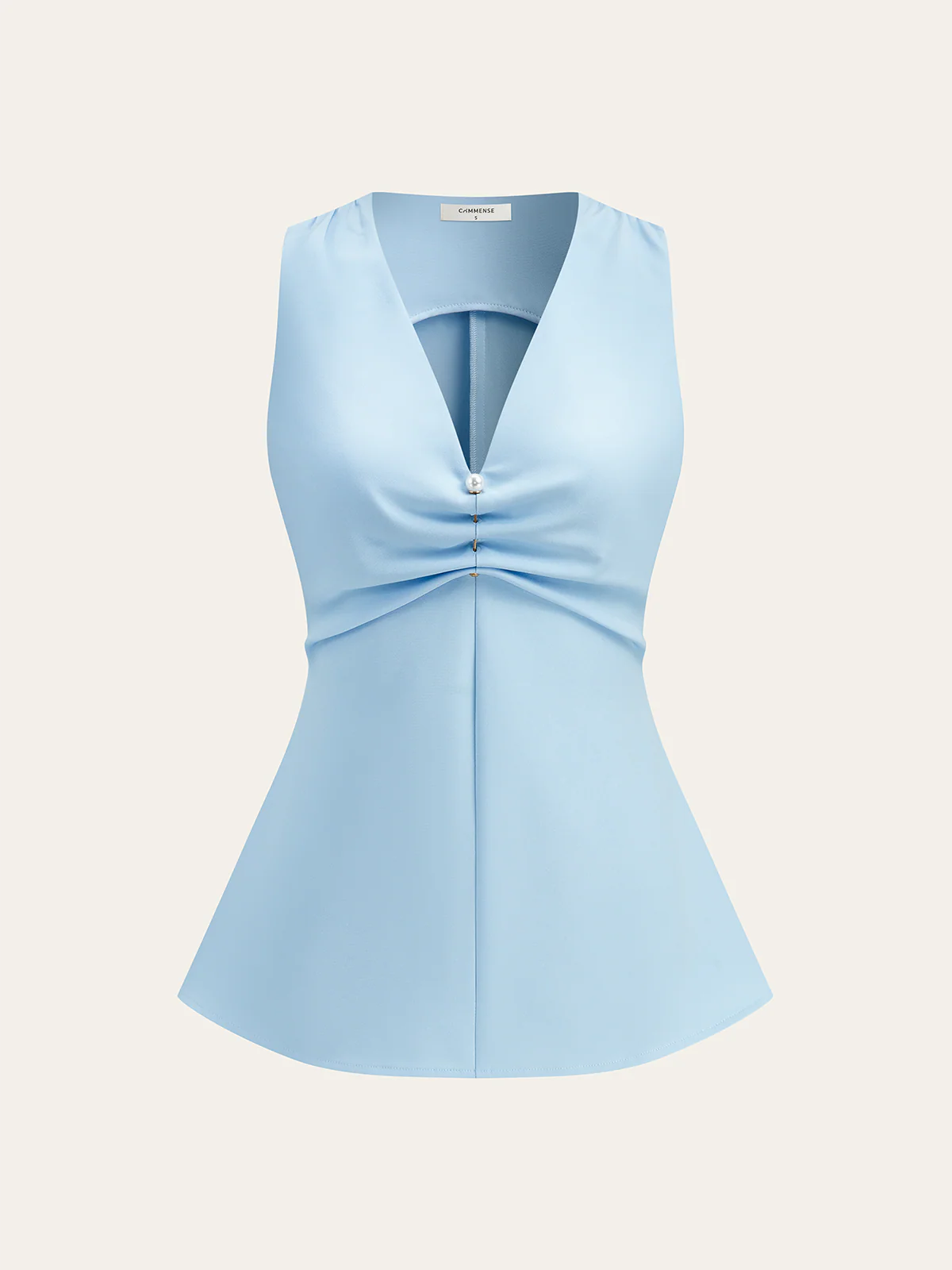 V-Neck Ruched Top with Pearl Detail - Takermore