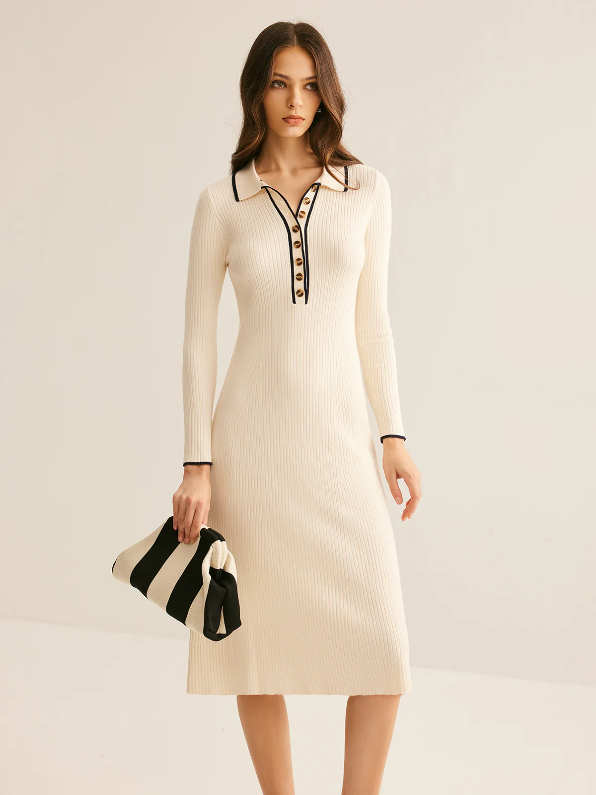 Contrast Trim Lapel Sweater Dress - Takermore