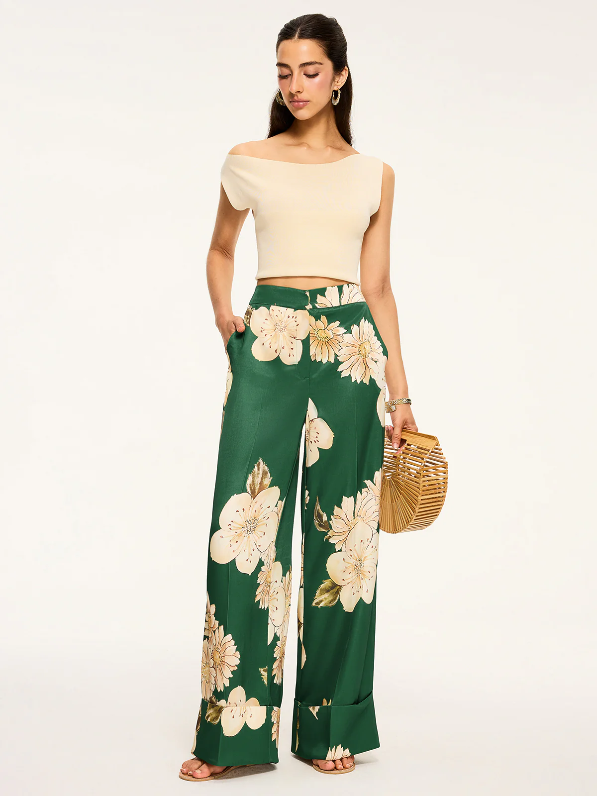 Floral Print Wide-Leg Pants - Takermore