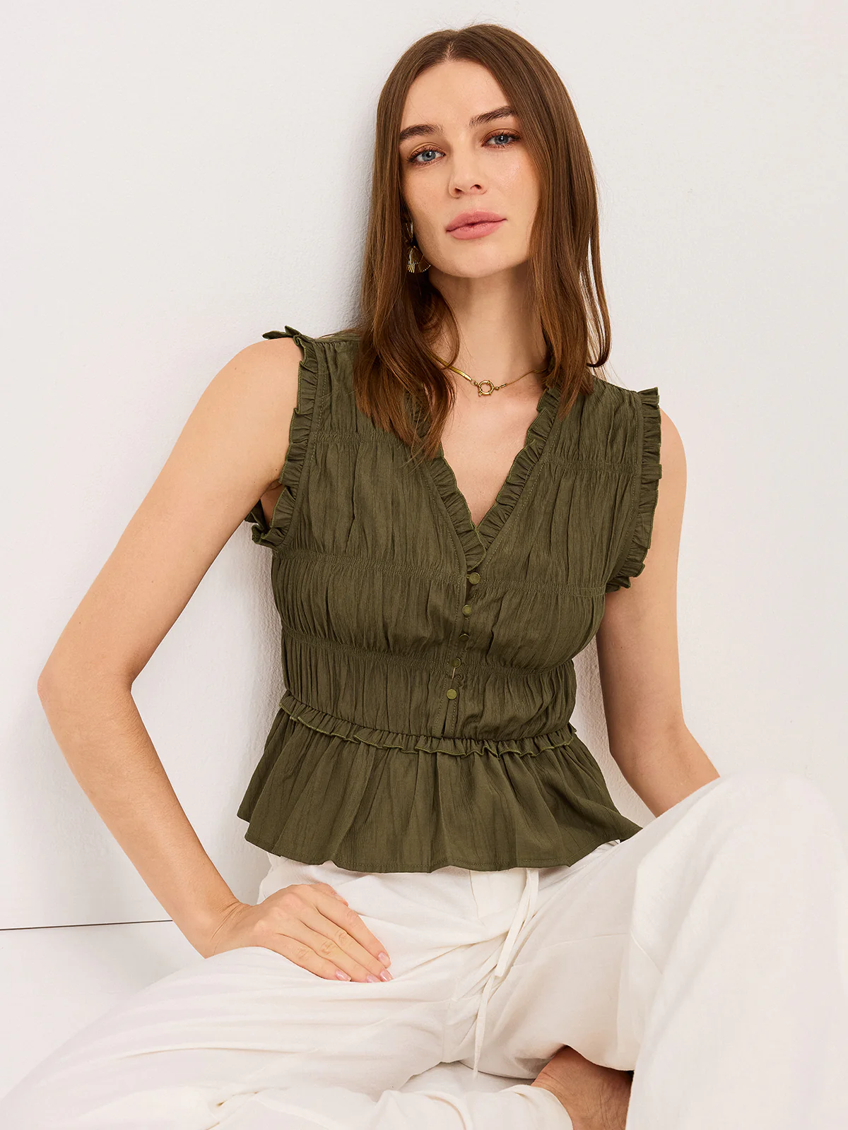 Ruffled V-Neck Peplum Top - Takermore