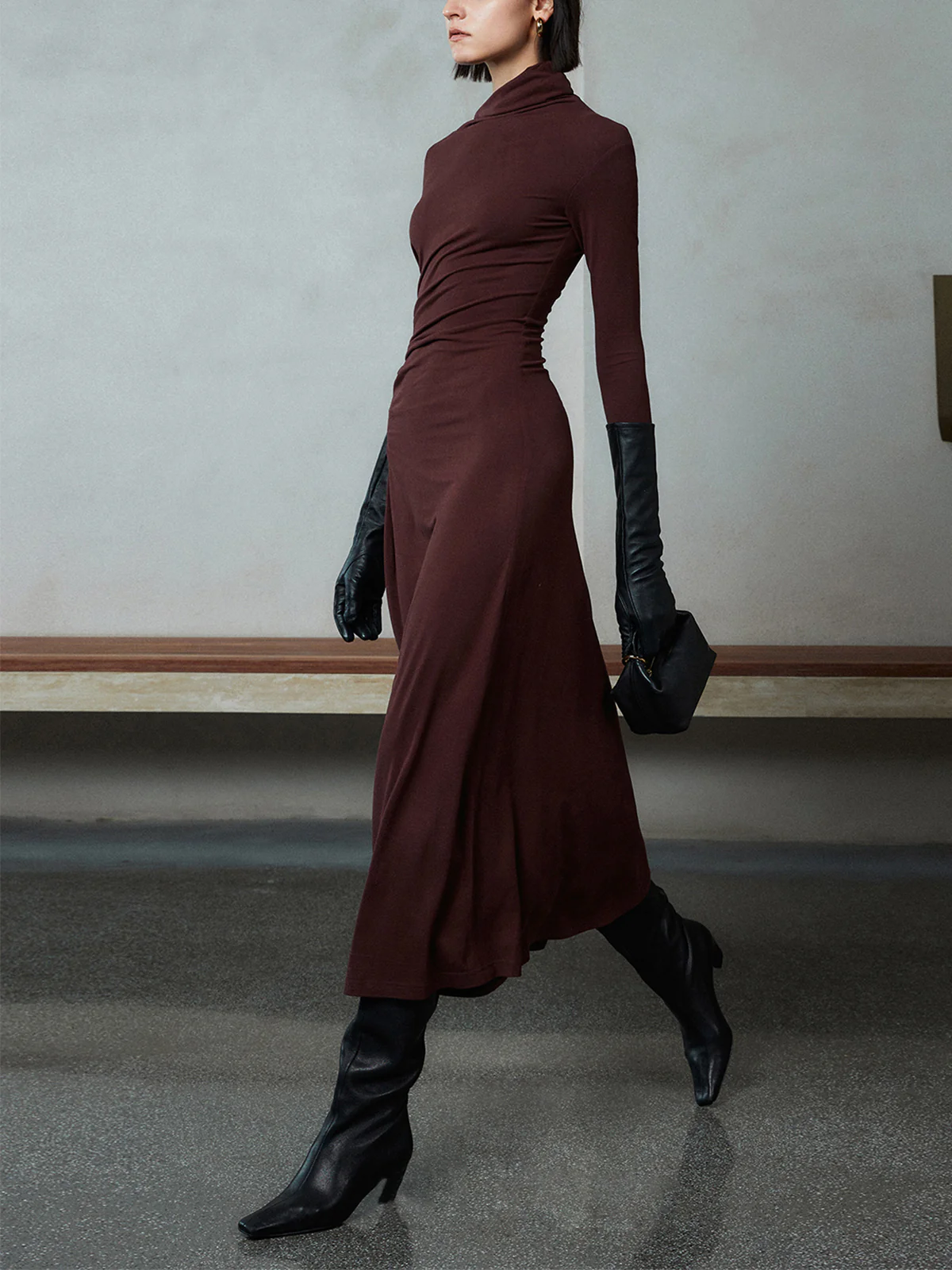 Bodycon Asymmetrical Neck Long Sleeve Ruched Maxi Dress - Takermore