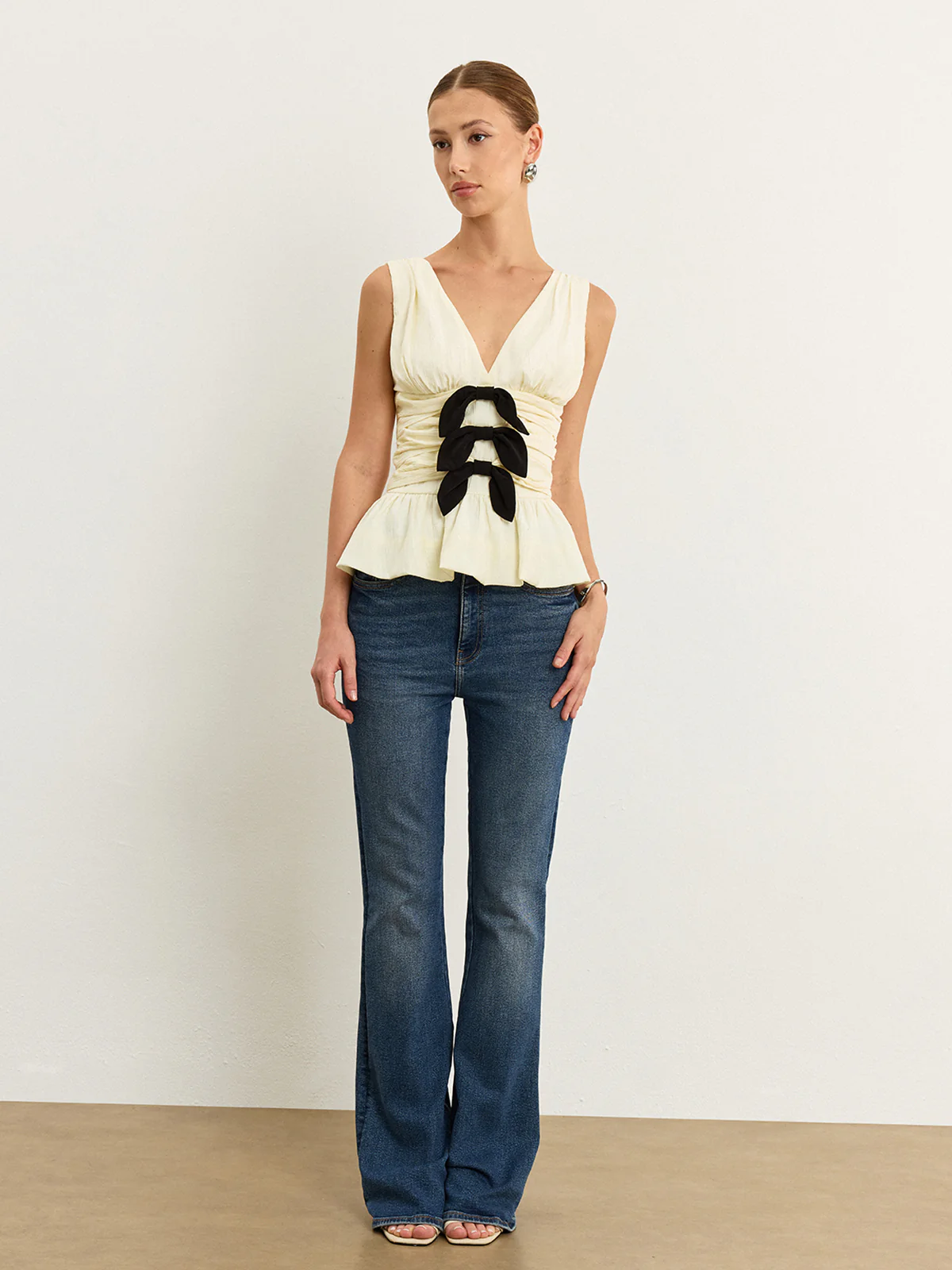 Bow-Detail Ruched Top with Peplum Hem - Takermore