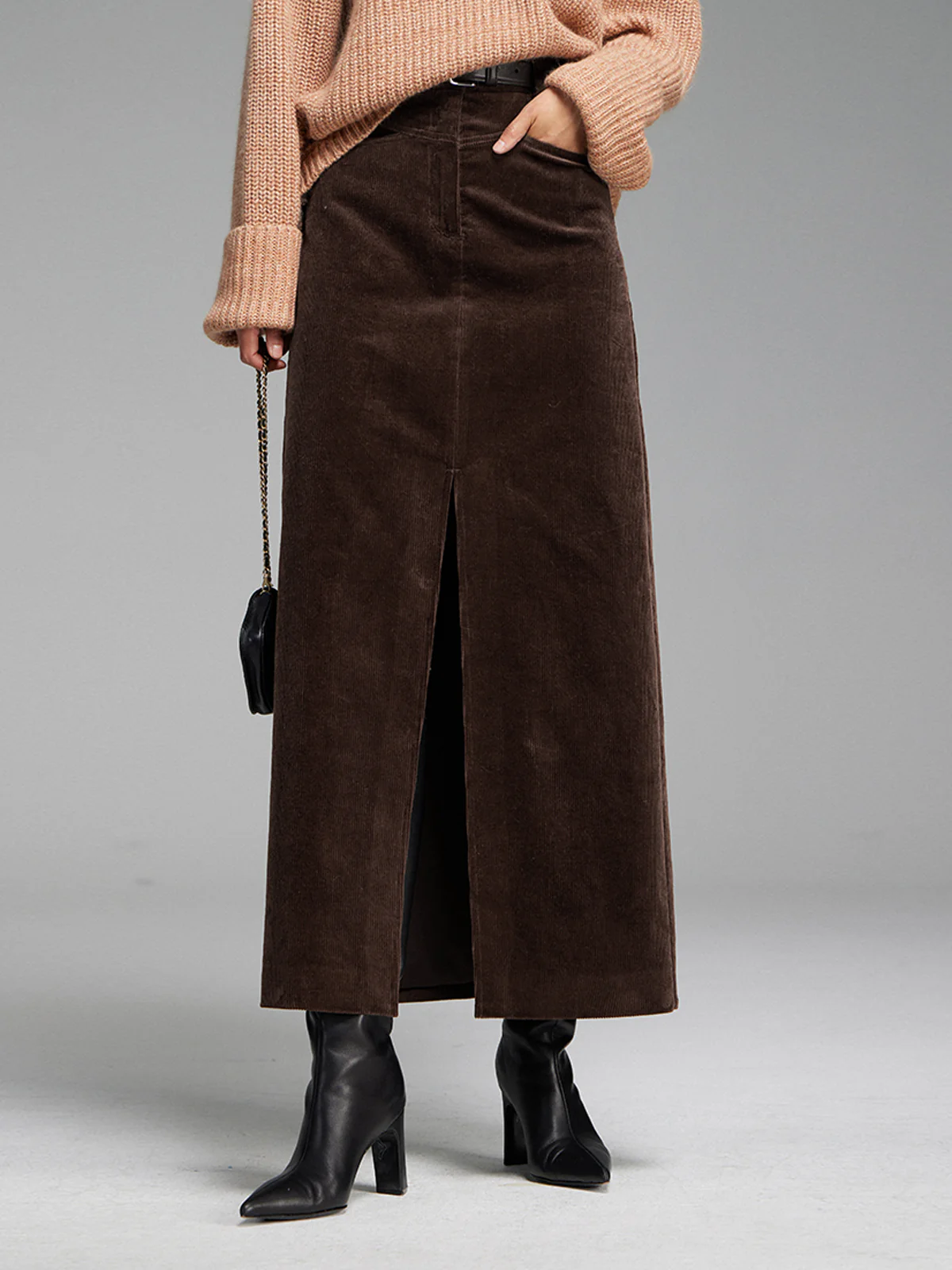 Pockets Corduroy Slit Maxi Skirt - Takermore