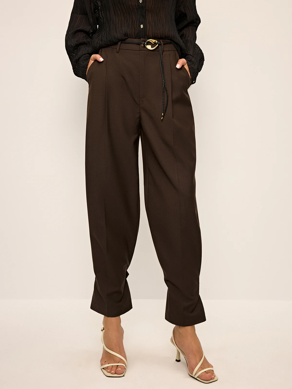 Pleated Wide-Leg Pants with Ankle Button Detail - Takermore