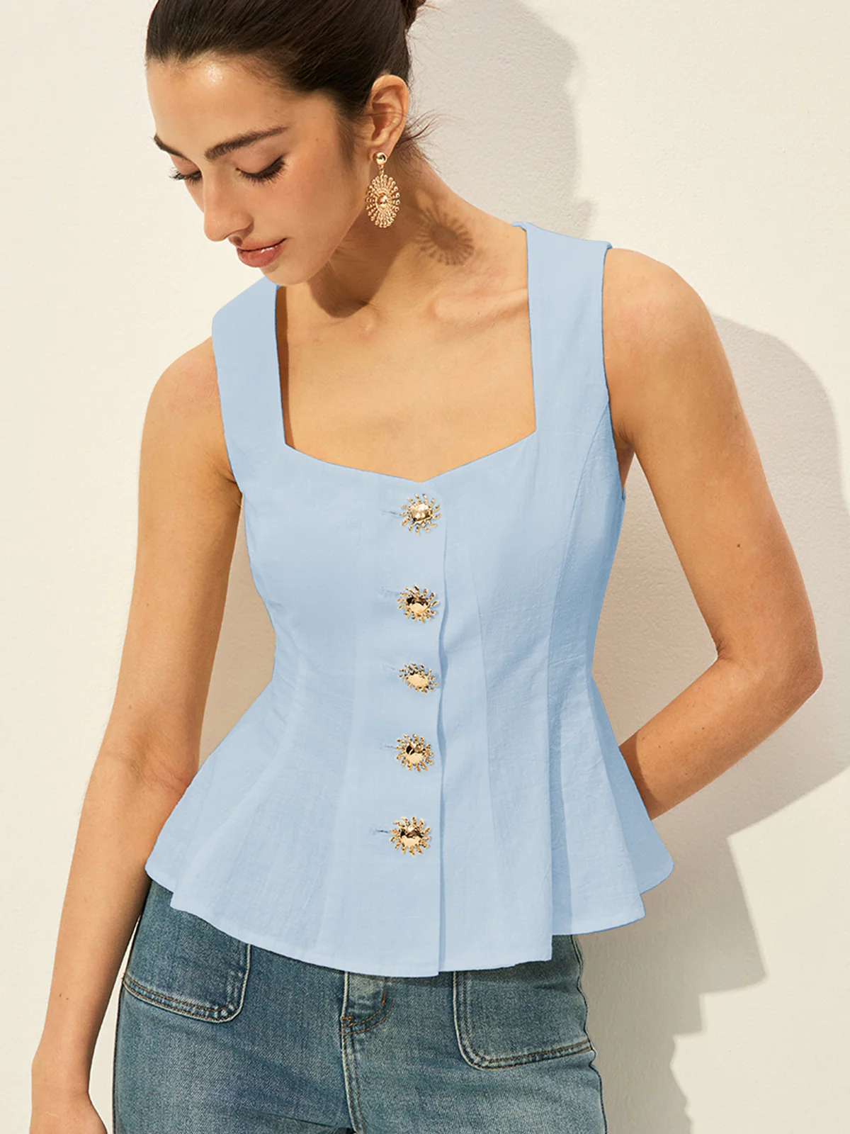 Square Neck Button-Front Peplum Top - Takermore