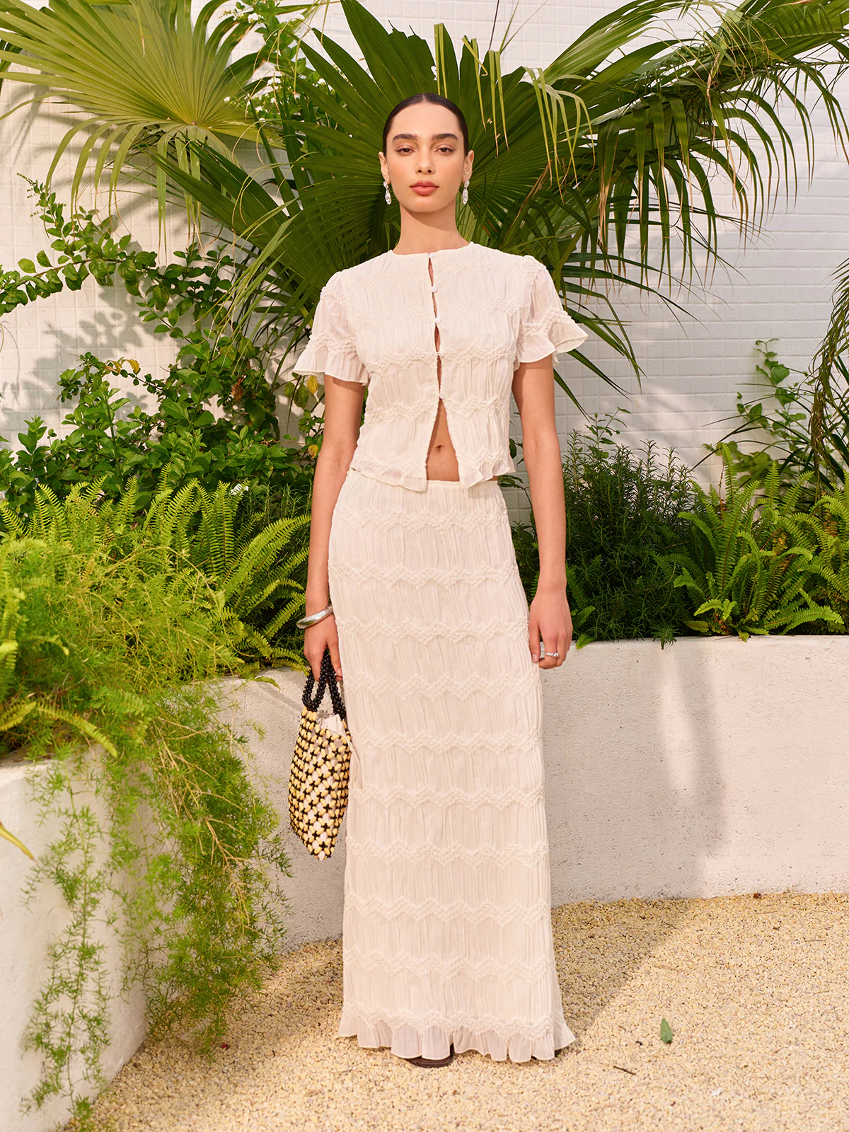 Short Sleeve Buttoned Crop Top With Skirt Set - Takermore