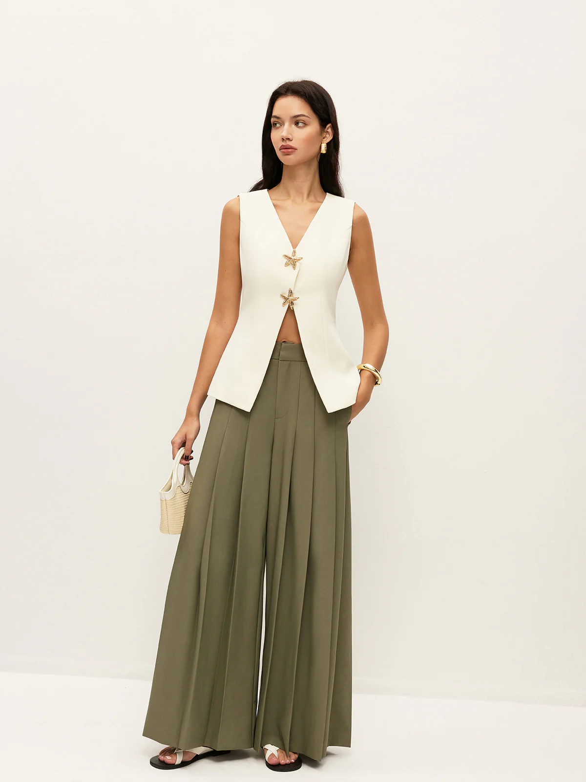 Mid-Waist Pleated Zipper Wide-Leg Pants With Pockets - Takermore