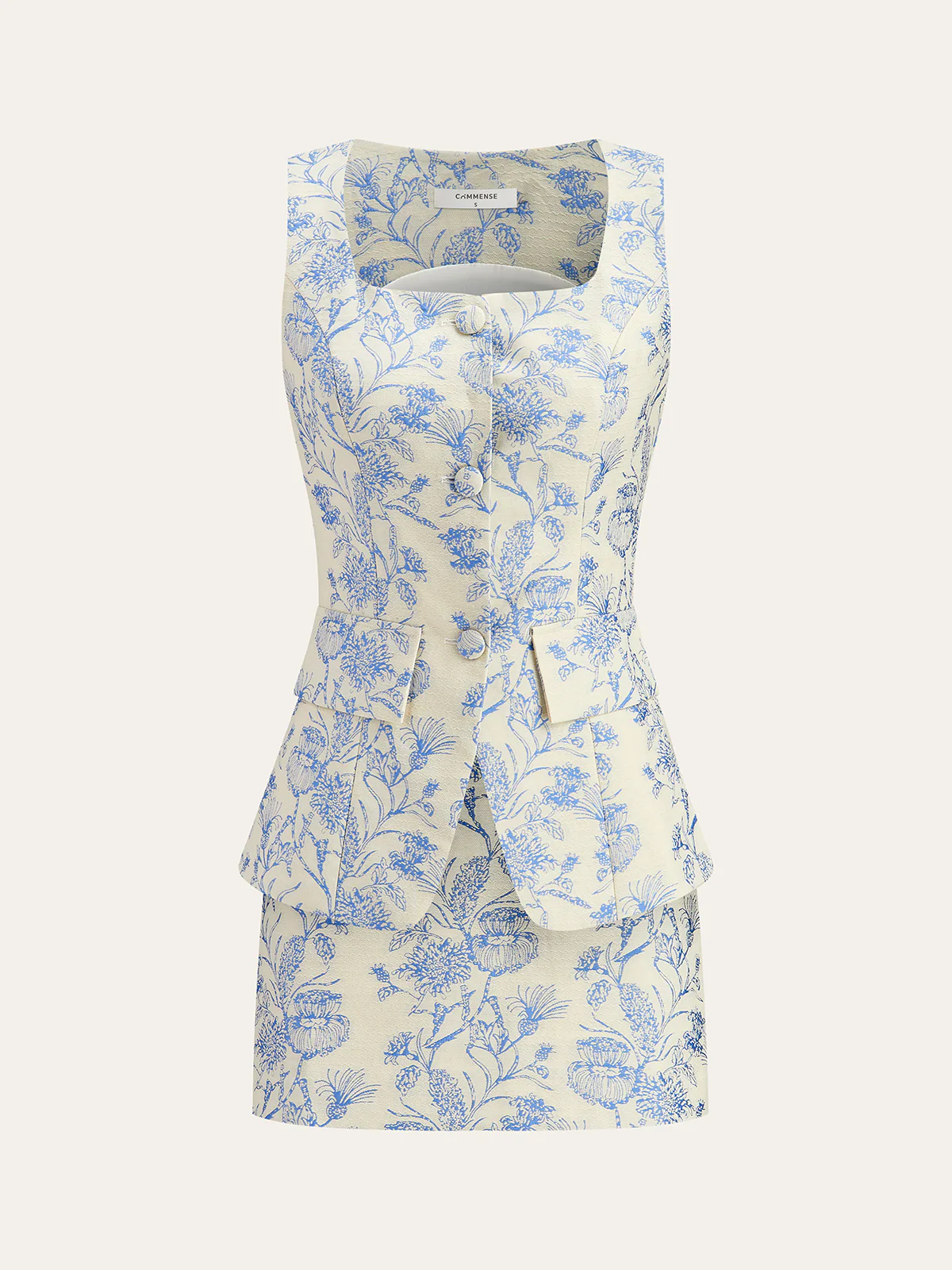 Jacquard Square-Neck Decor-Pockets Skirt Set - Takermore