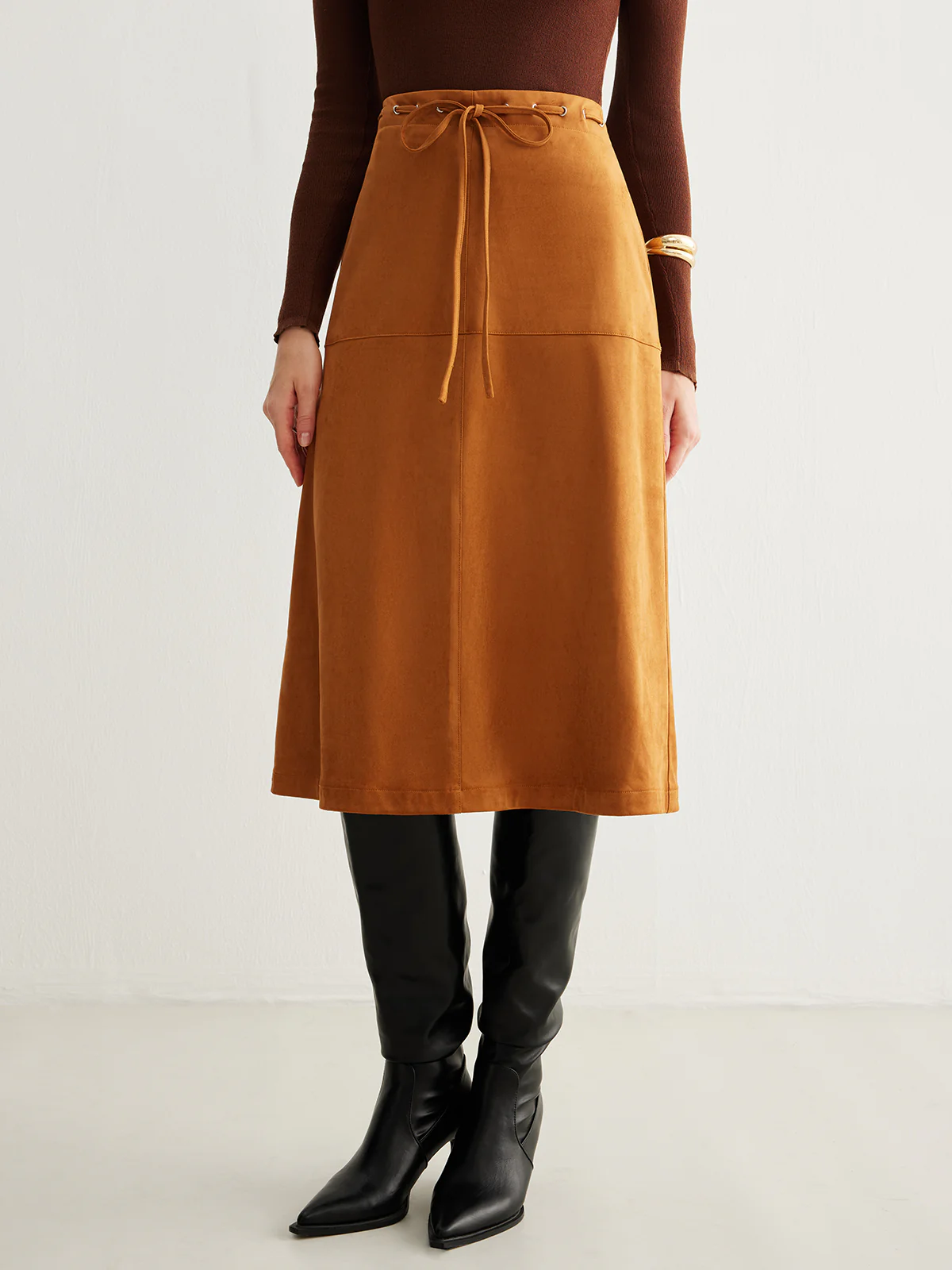 Drawstring Back-Zipper Suede Skirt - Takermore