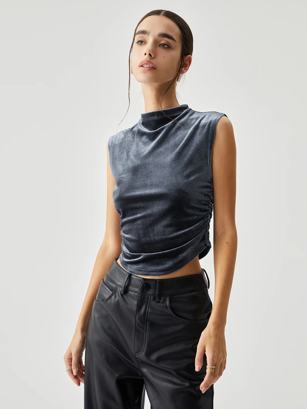 Velvet Draped Mock Neck Sleeveless Crop Top - Takermore