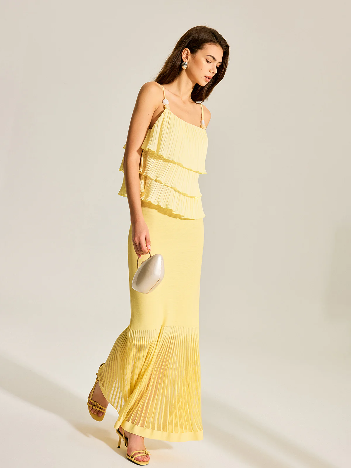 Beaded Strap Tiered Pleated Cami Top - Takermore