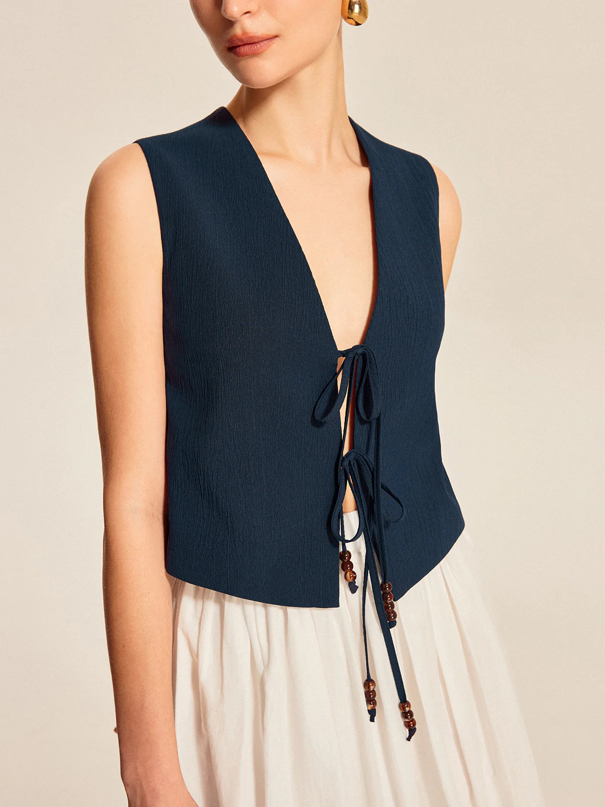 Tie Front Beaded Sleeveless Top - Takermore