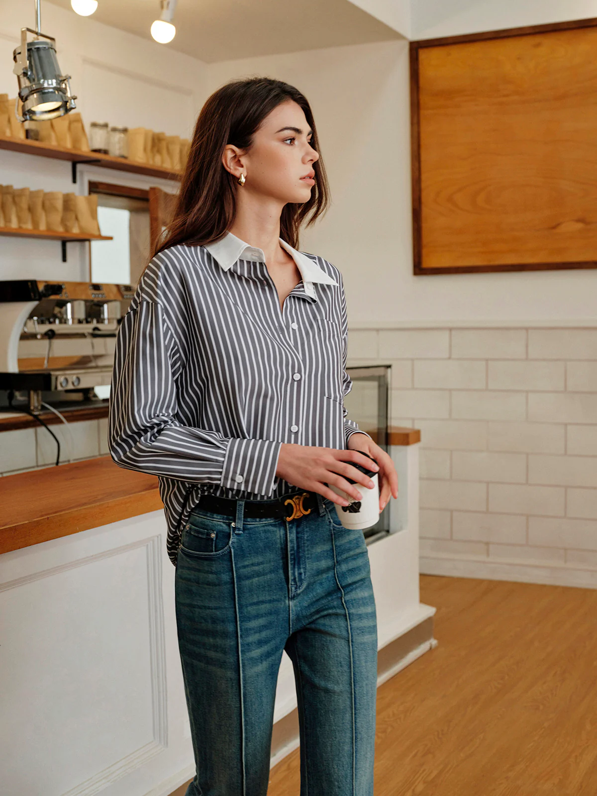 Striped Contrast Collar Button-Up Shirt - Takermore