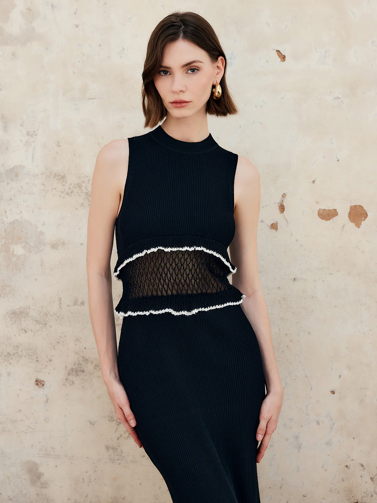 Sheer Raw Hem Sleeveless Sweater Dress - Takermore