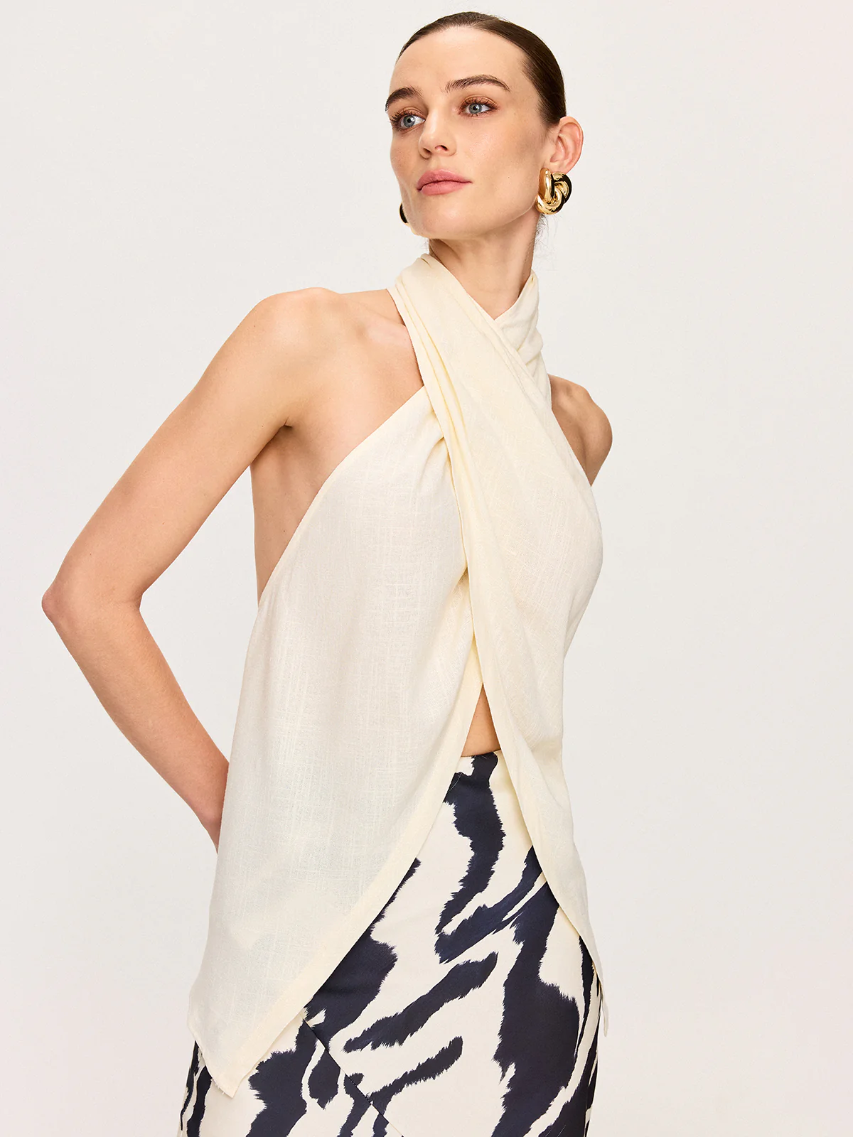 Cross-Halter Neck Wrap Top with Button Detail - Takermore