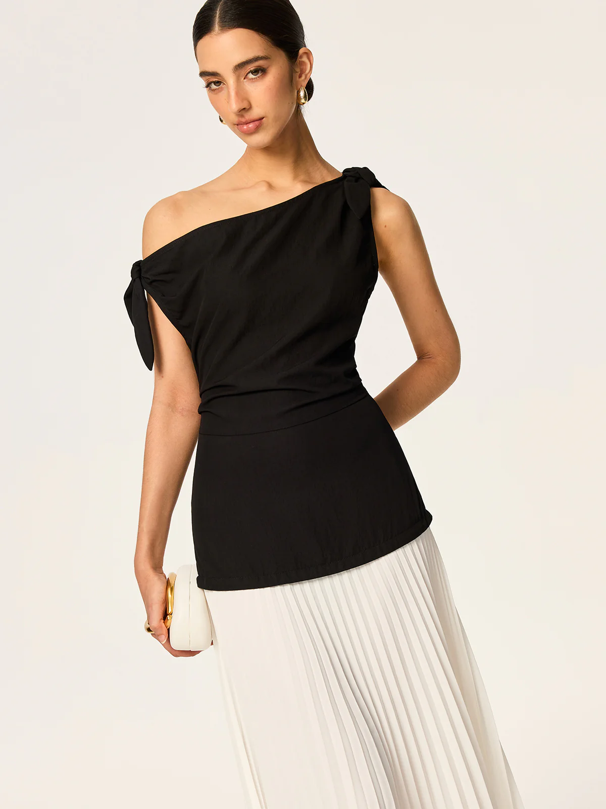 Asymmetric Pleated Maxi Dress with Bow Detail - Takermore