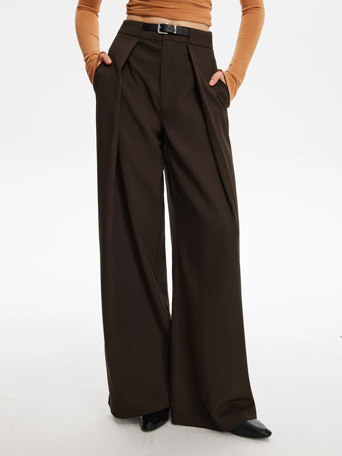 Pleated Wide-Leg Pants With Belt - Takermore