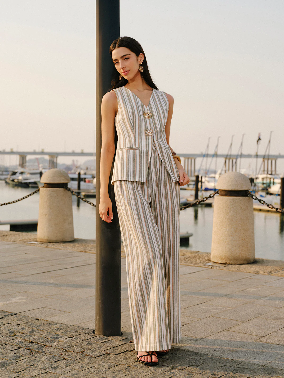 Linen & Cotton Mid-Waist Striped Wide-Leg Pants - Takermore