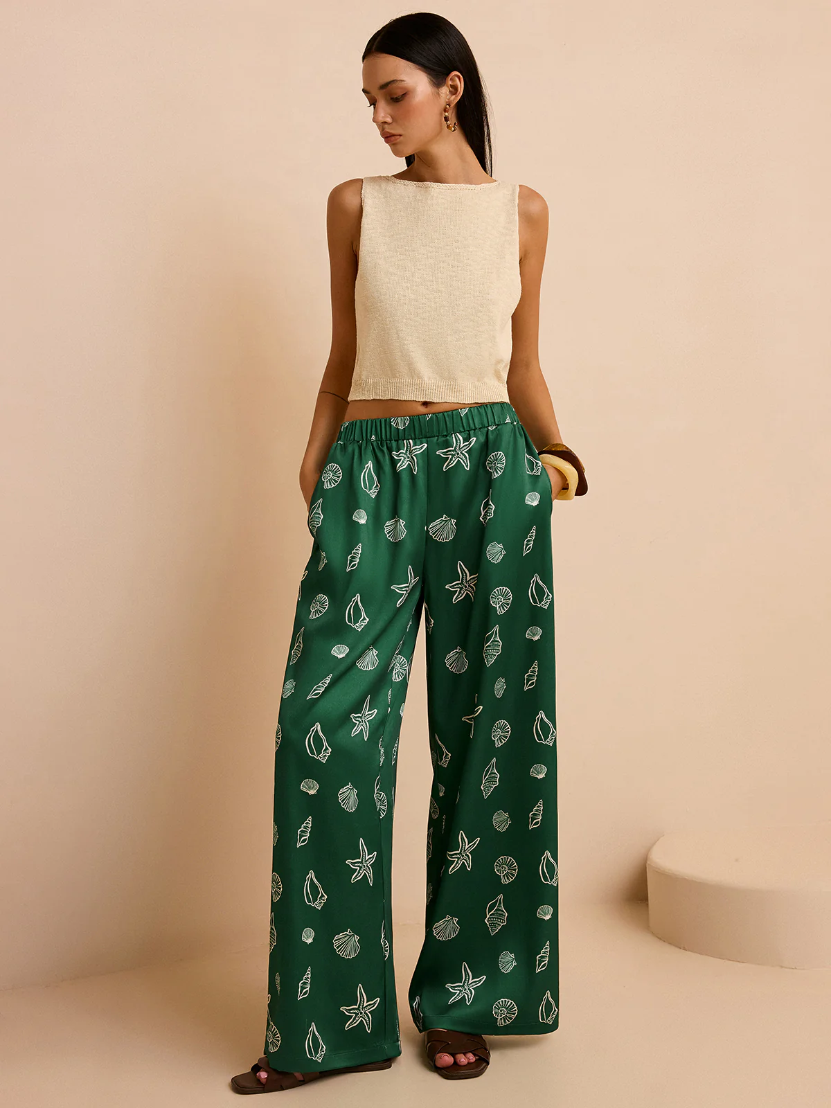 Oversized Mid-Waist Pants with Seashell and Starfish Prints - Takermore