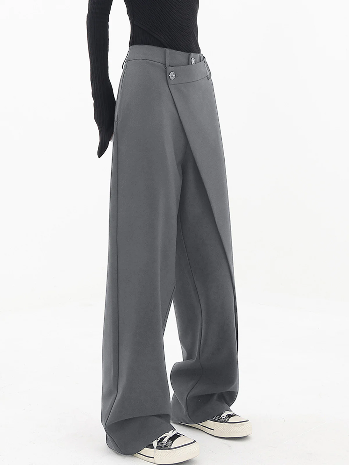 Asymmetrical Layer Button Wide Leg Dress Pants - Takermore