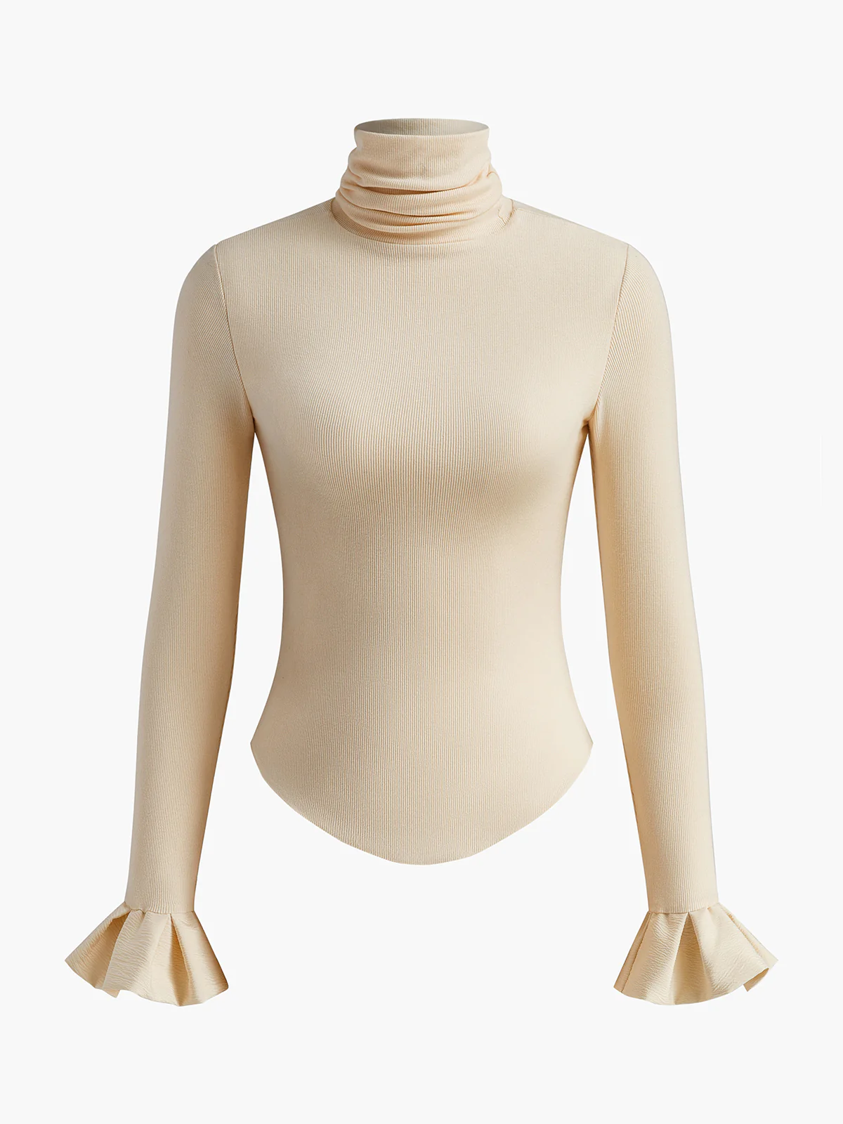 Turtleneck Ribbed Ruffle Sleeve T-Shirt - Takermore