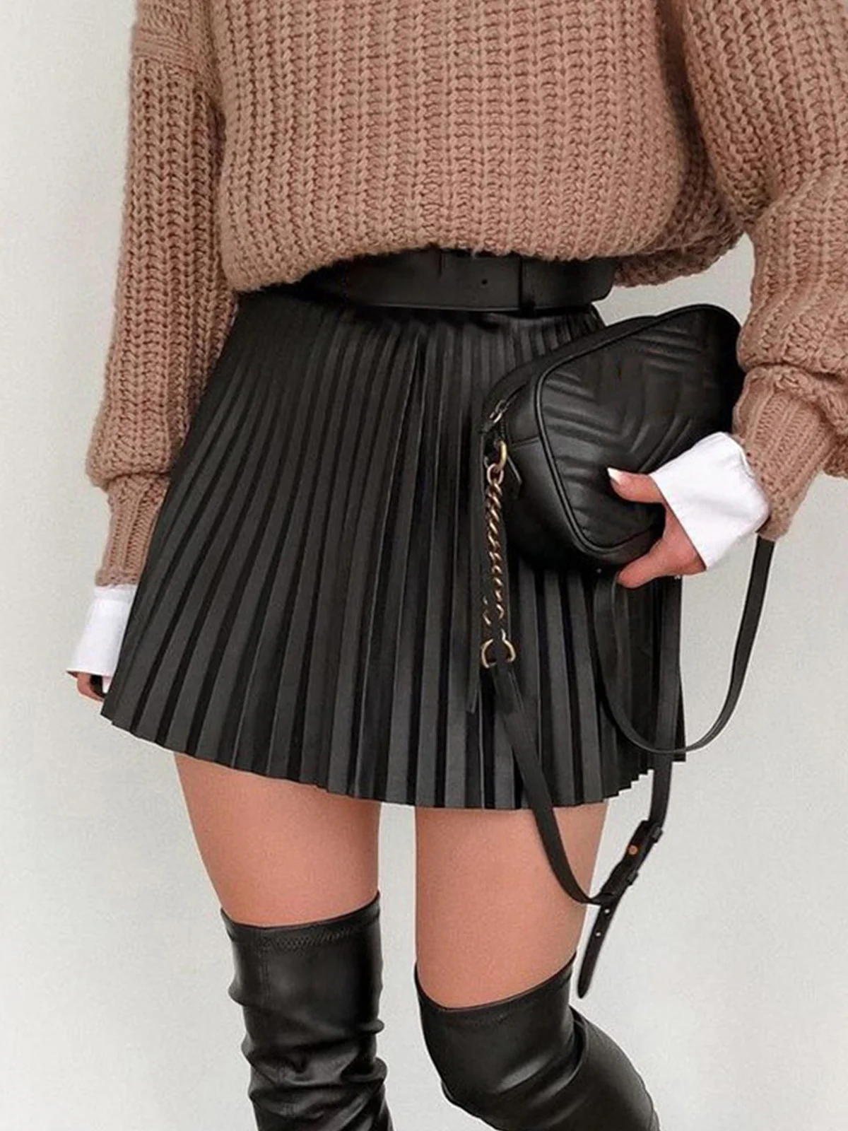 Elastic Waist Faux Leather Pleated Skirt - Takermore
