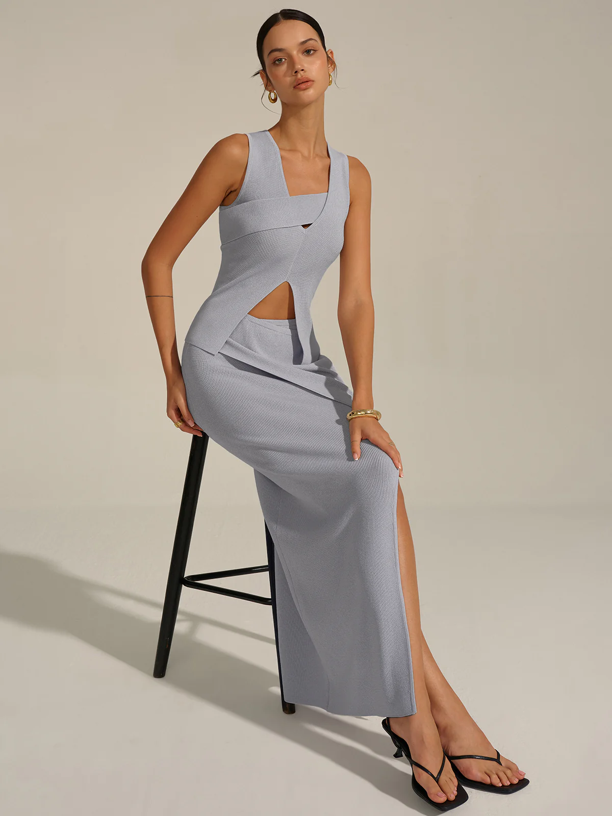 Asymmetrical Slit Knit Skirt Set - Takermore