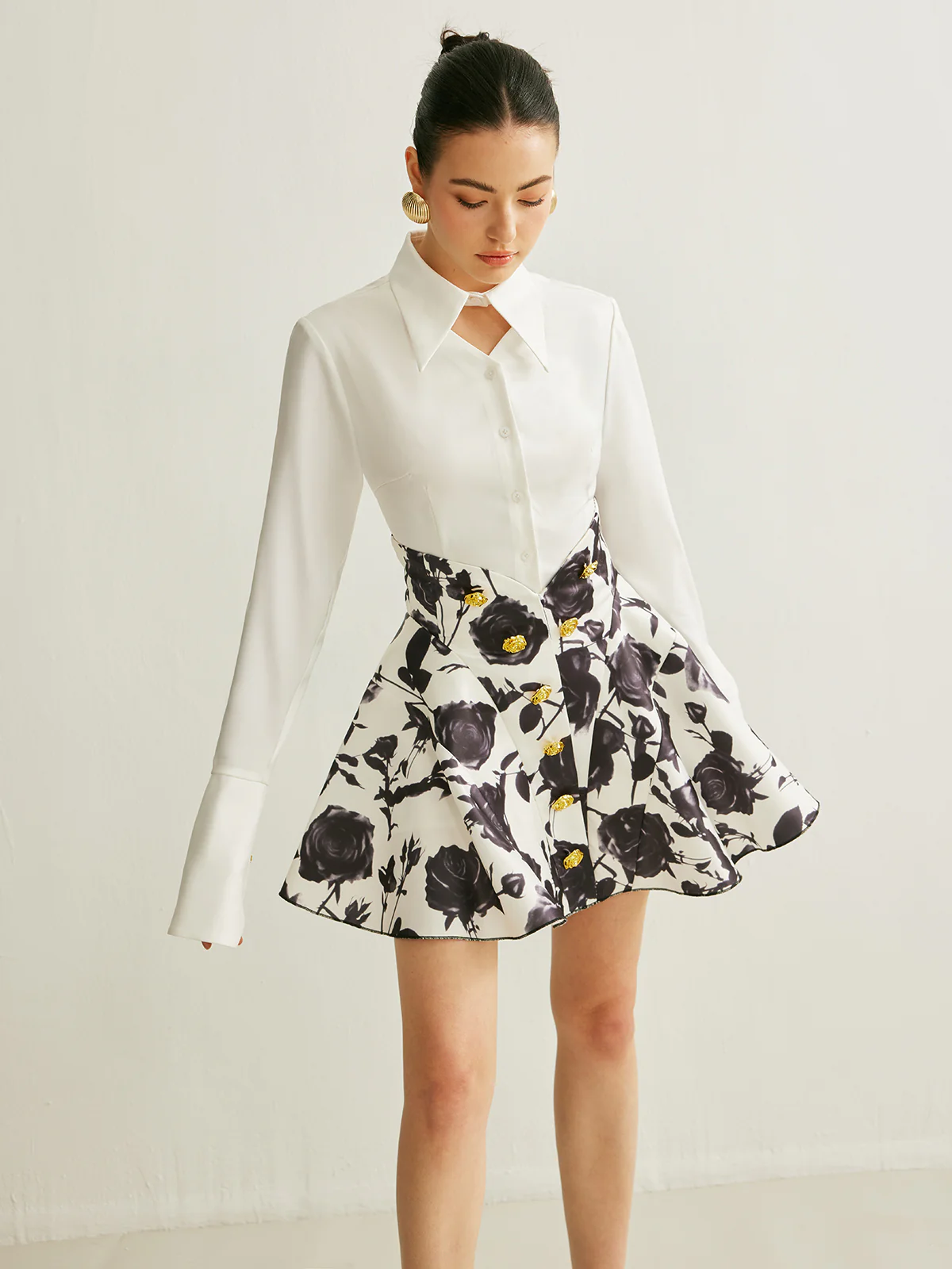Floral Print Button-Detail Skirt - Takermore