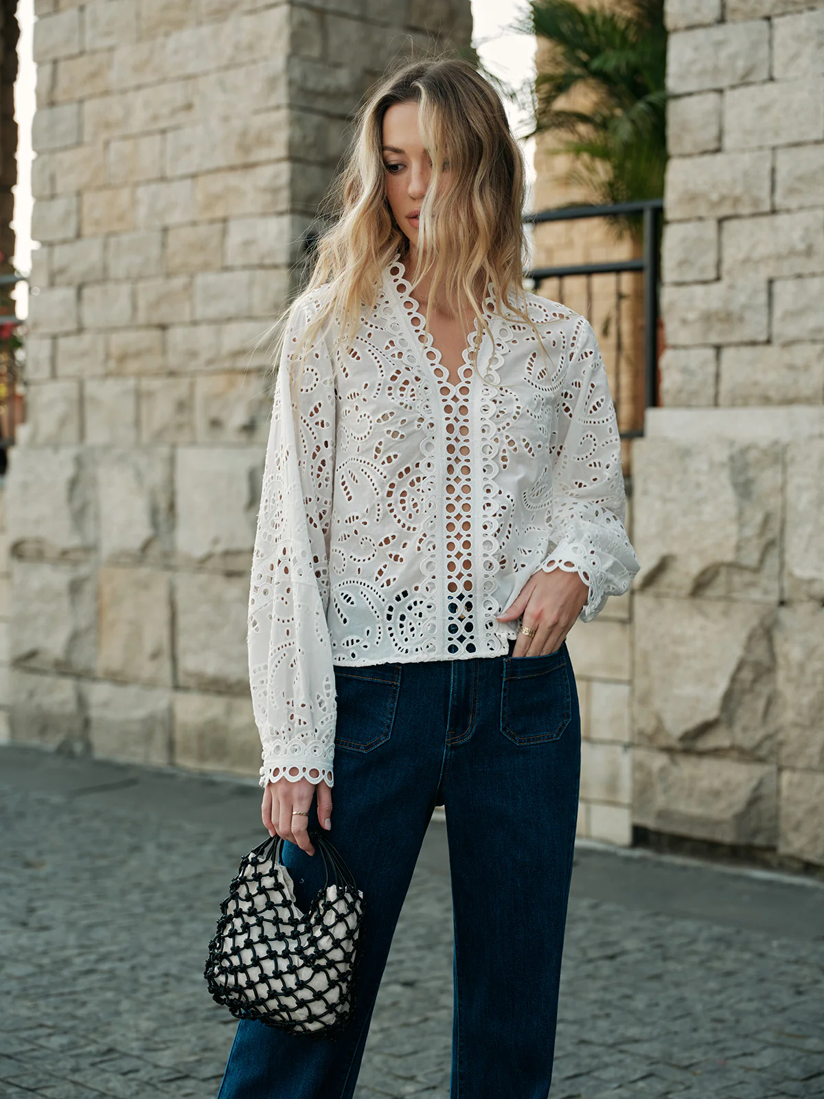 Embroidery Hollow-Out Detail Top - Takermore