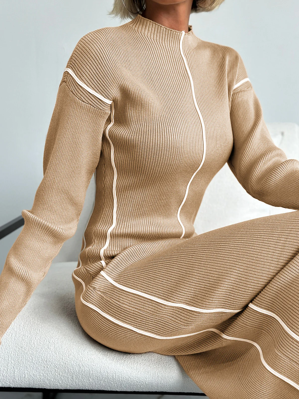 Ribbed Contrast Piping Sweater Dress - Takermore