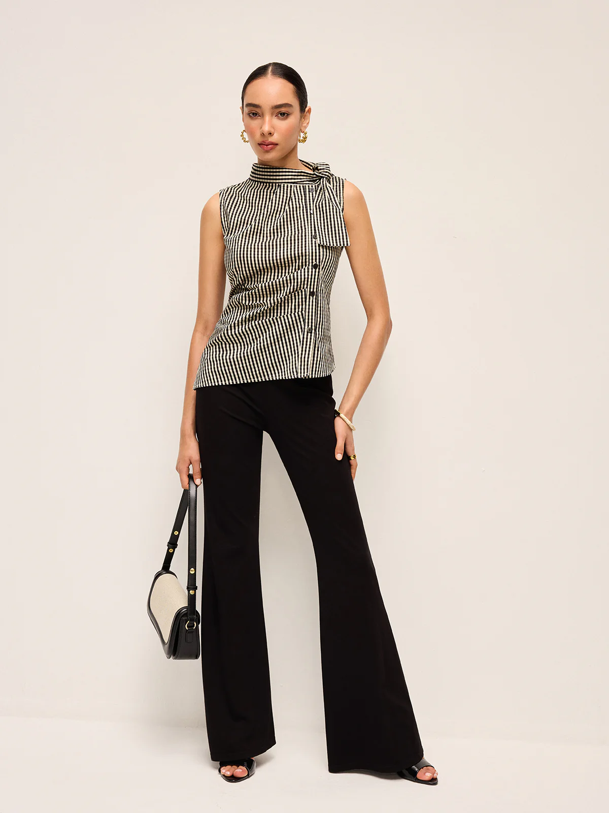 Asymmetric Neck Gingham Button Top - Takermore