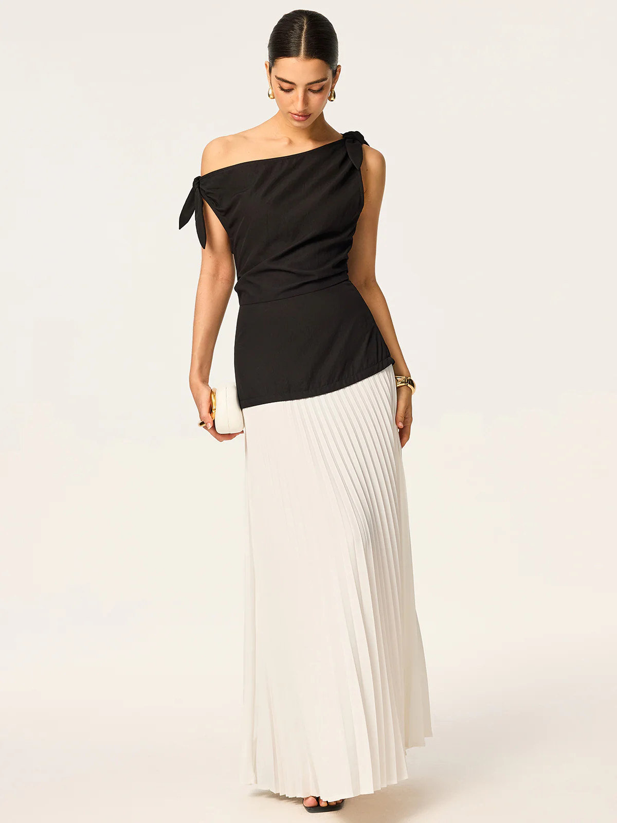 Asymmetric Pleated Maxi Dress with Bow Detail - Takermore