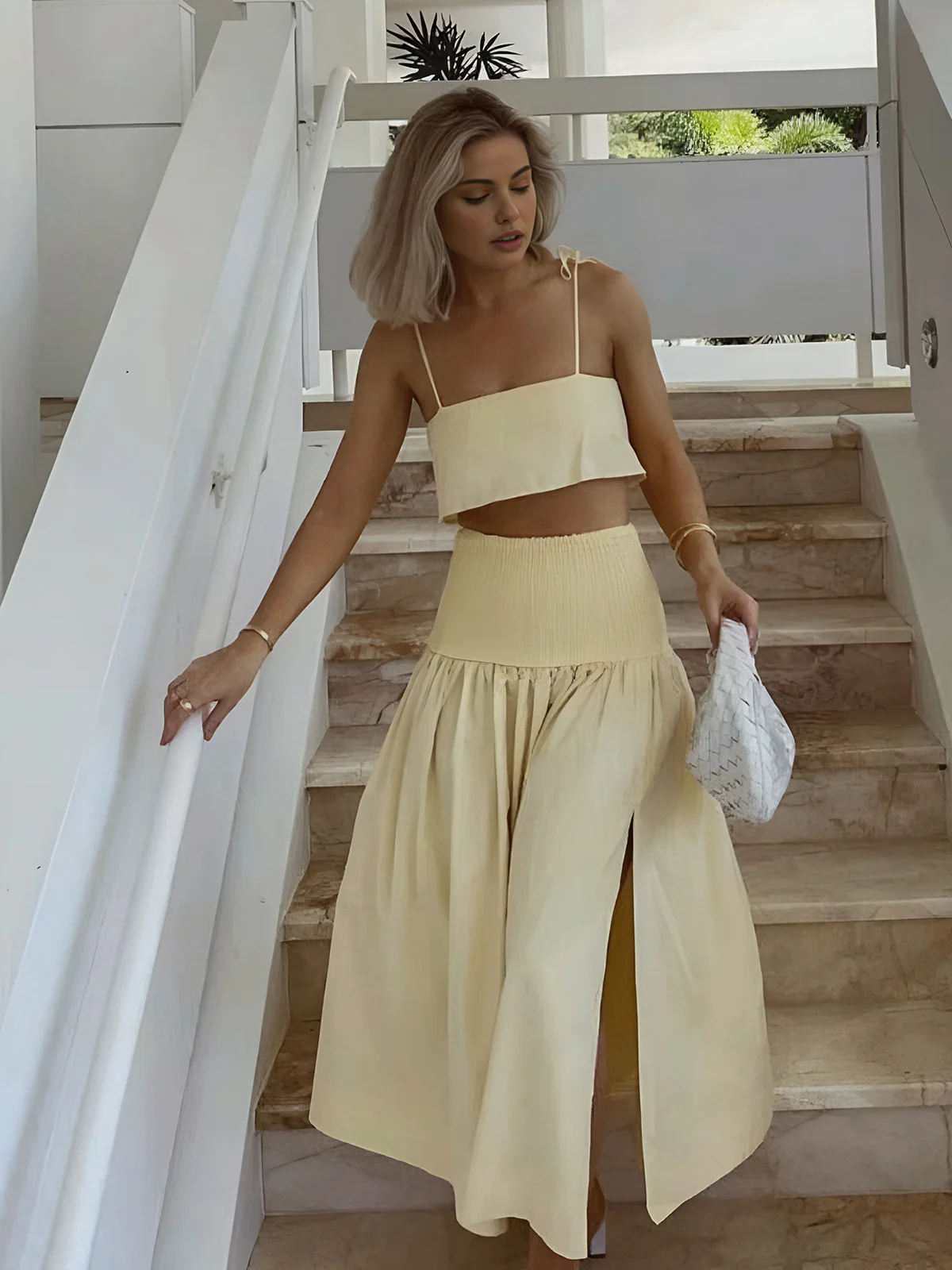 Shirred Waist Split Thigh Skirt Set - Takermore