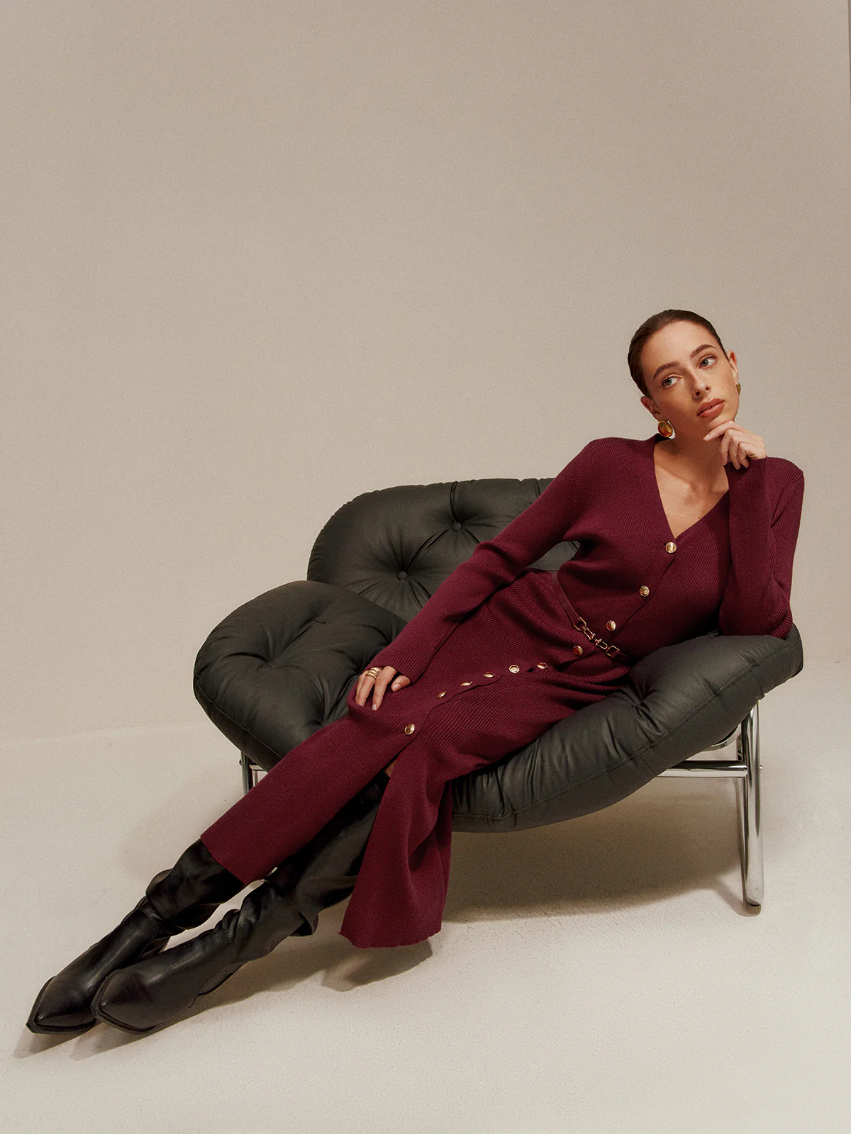 V-Neck Breasted Belted Sweater Long Dress - Takermore