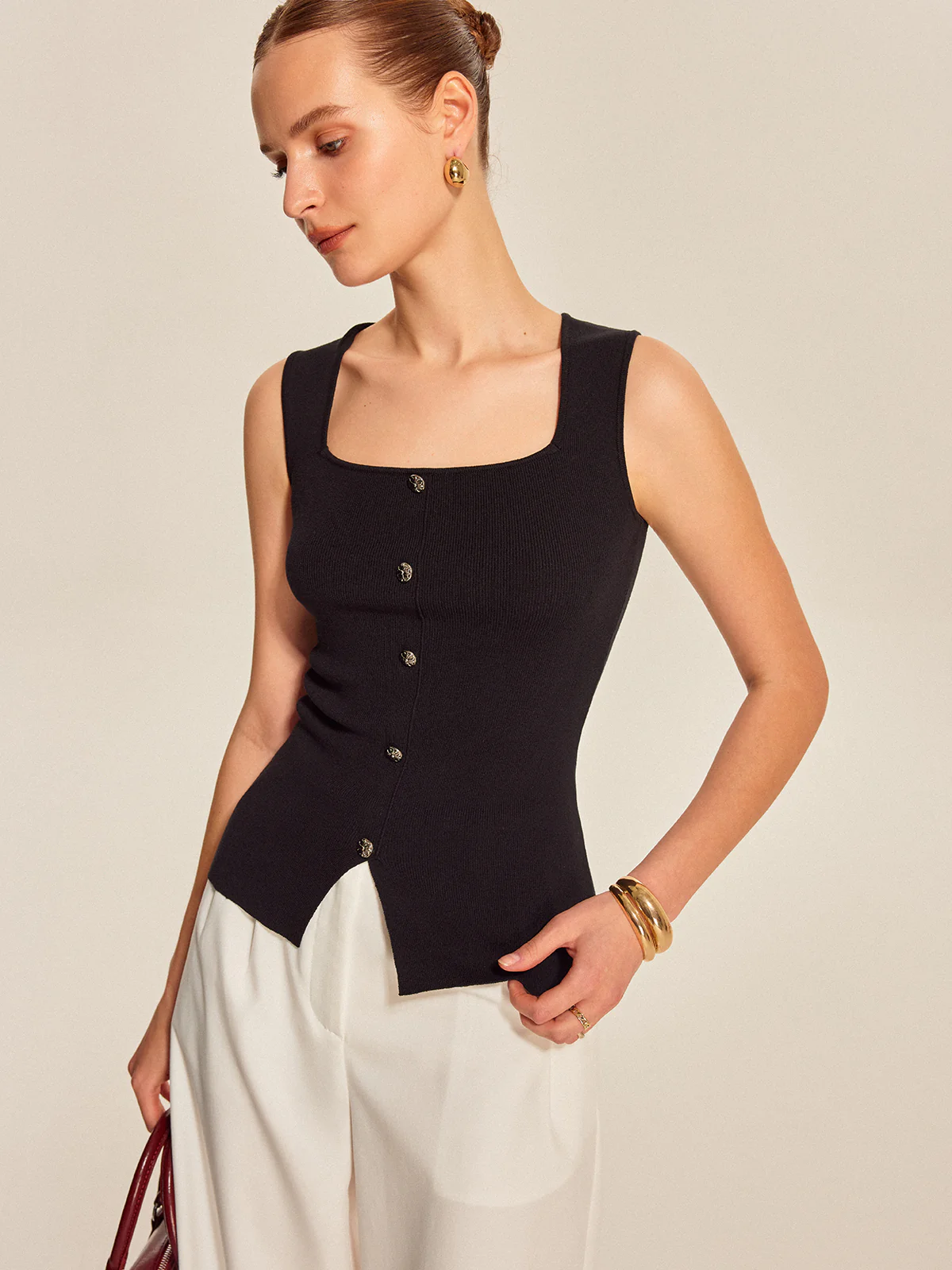 Button Front Square Neck Top - Takermore