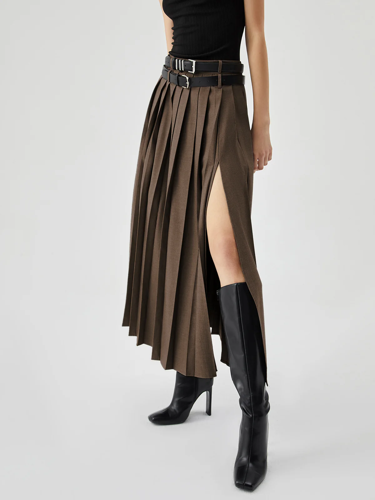 Pleated Split Maxi Skirt Without Belt - Takermore