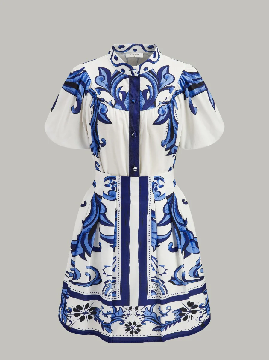 Floral Print Puff Sleeve Skirt Set With Pockets - Takermore