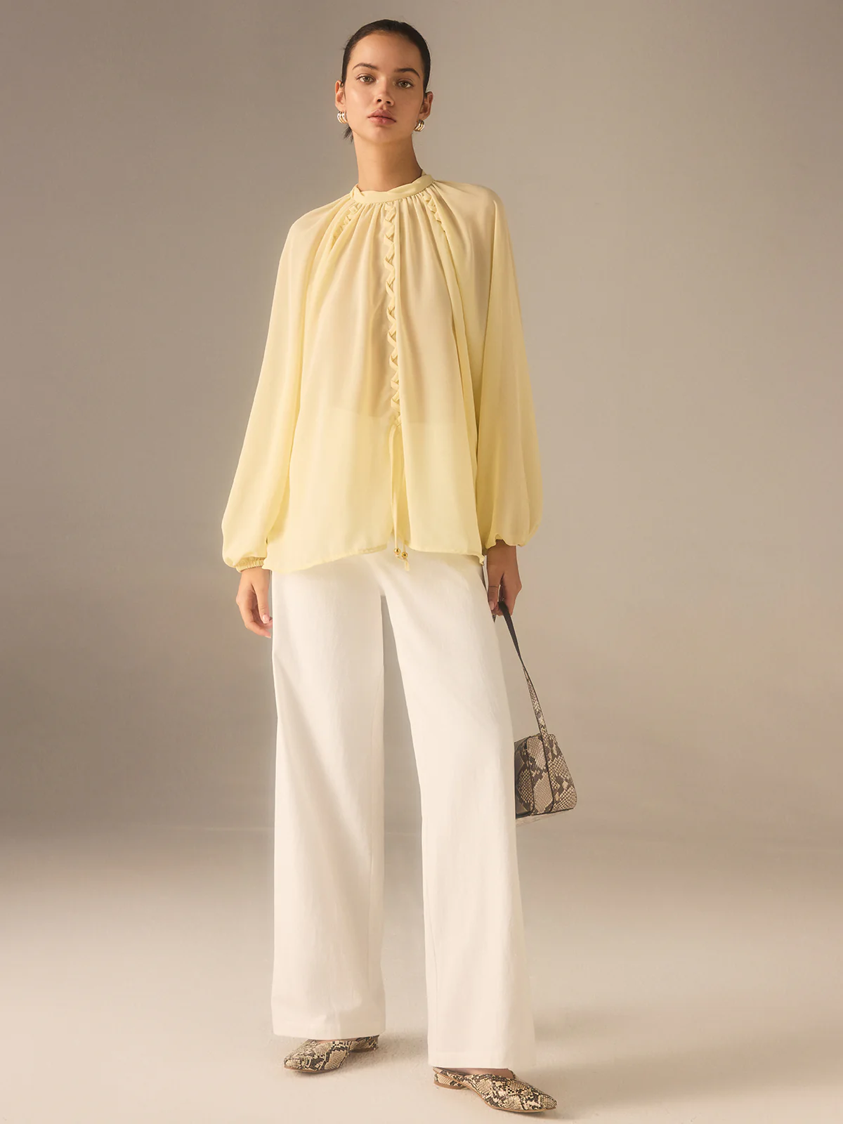 Semi-Sheer Chiffon Stand Collar Blouse with Braided Detail - Takermore