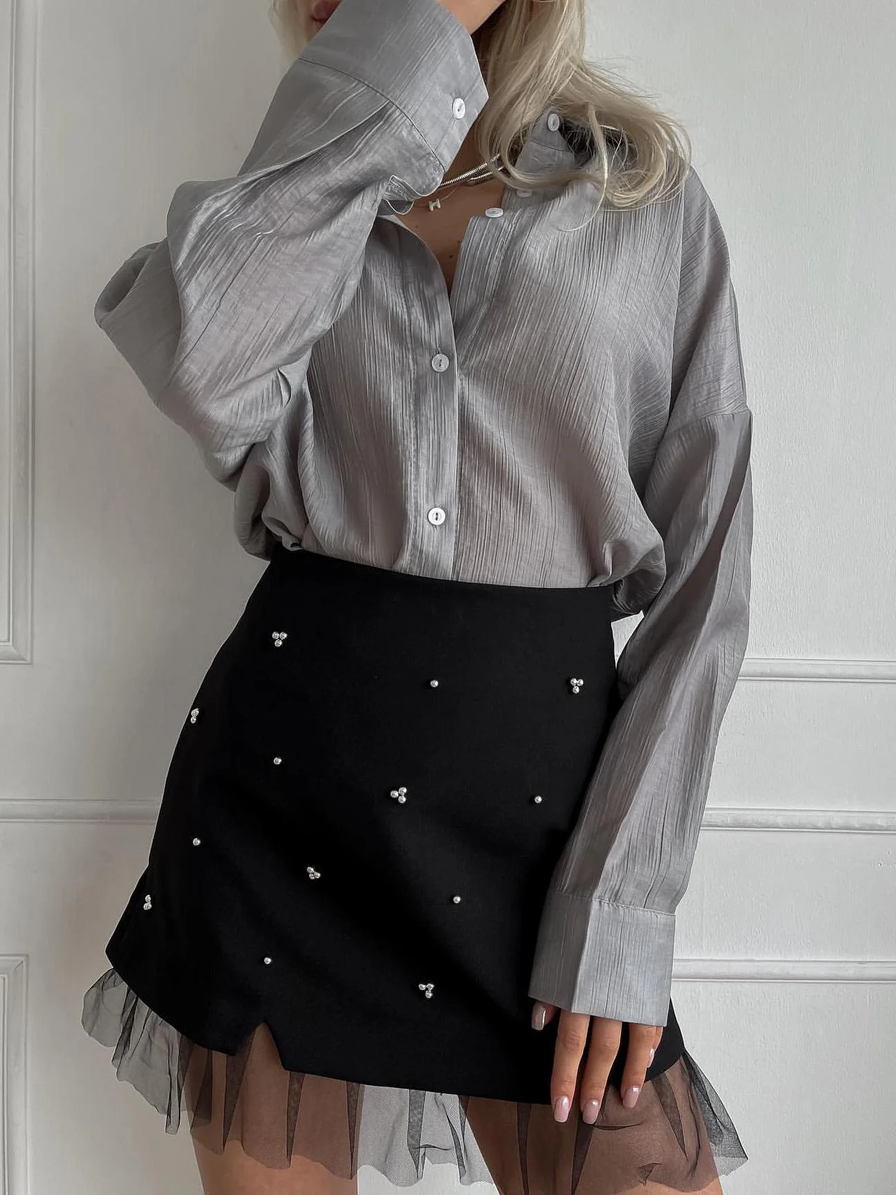 Beaded Tulle Trim A Line Skirt - Takermore