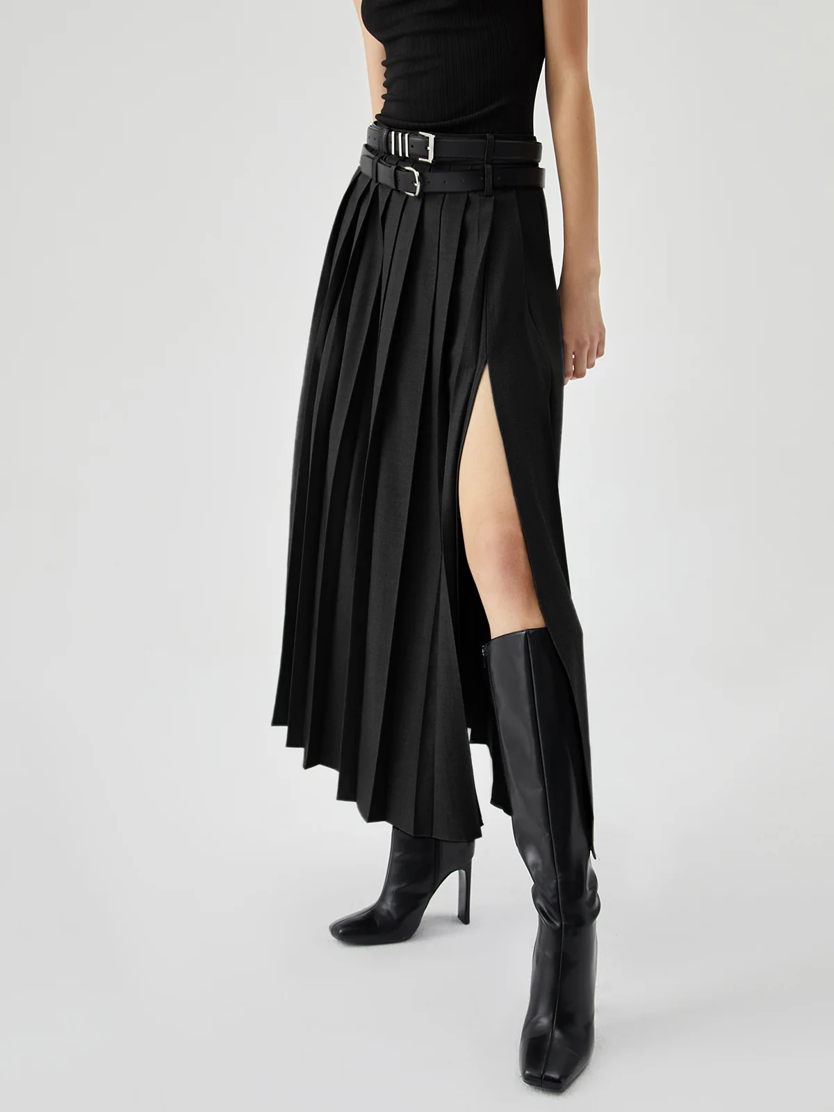 Pleated Split Maxi Skirt Without Belt - Takermore
