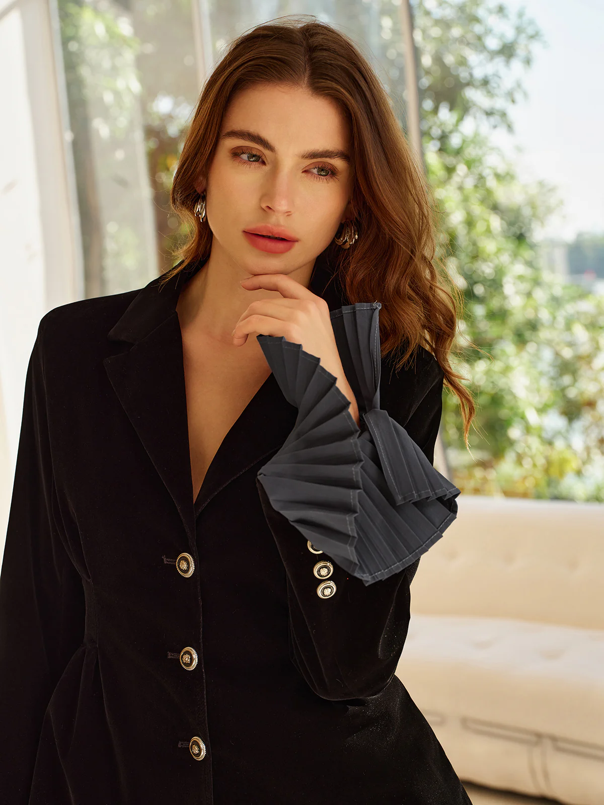 Pleated Ruffle-Cuff Velvet Skirt Set - Takermore