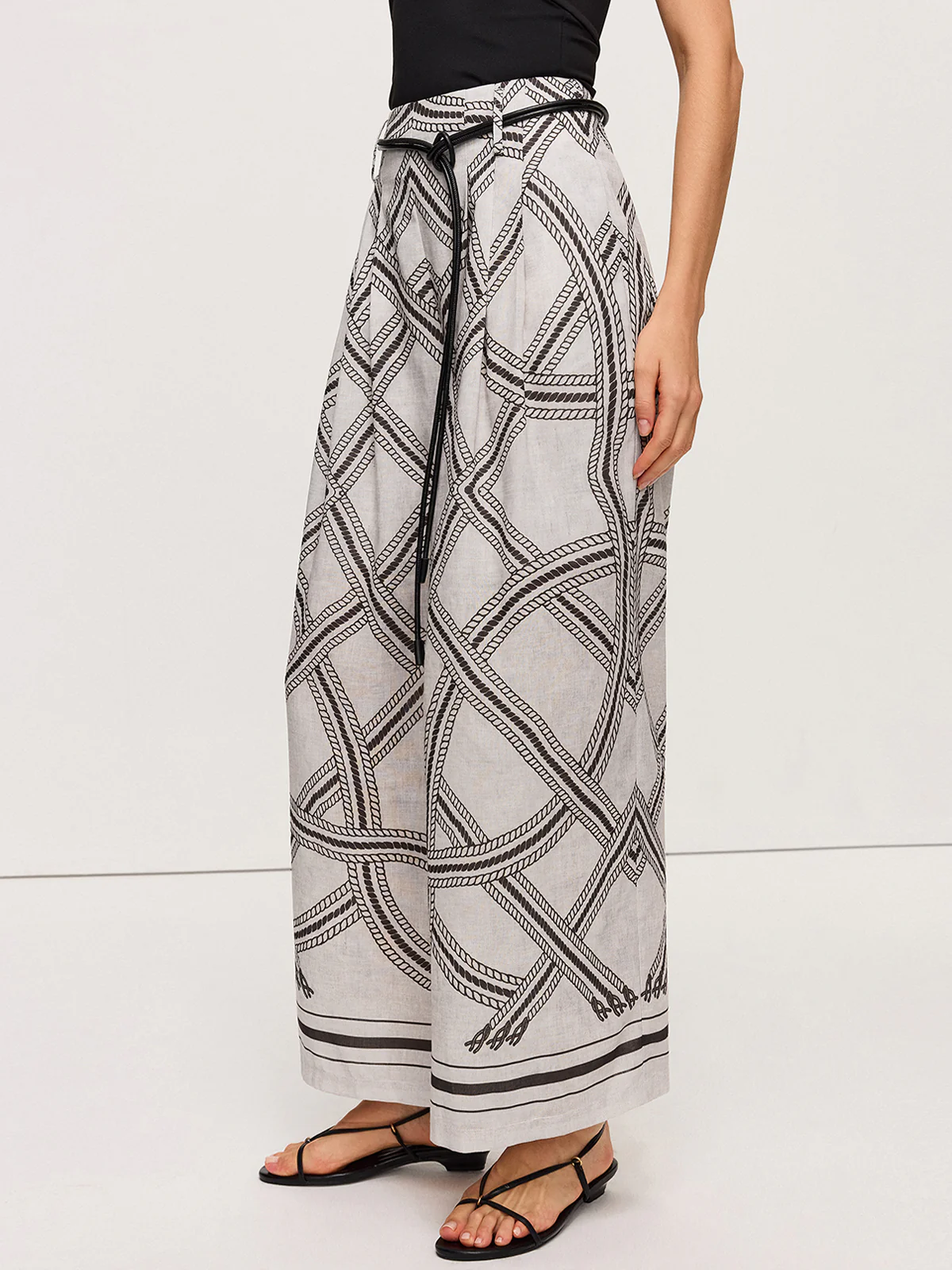 Geometric Print Belted Wide-Leg Pants - Takermore