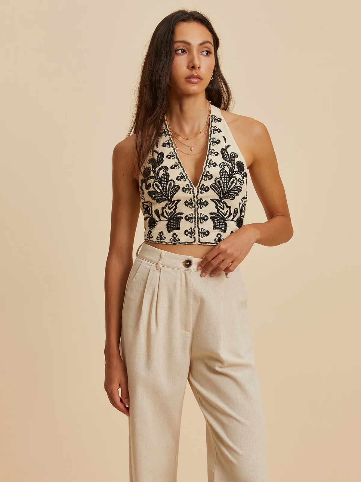 Embroidery Print V-Neck Halter Top - Takermore