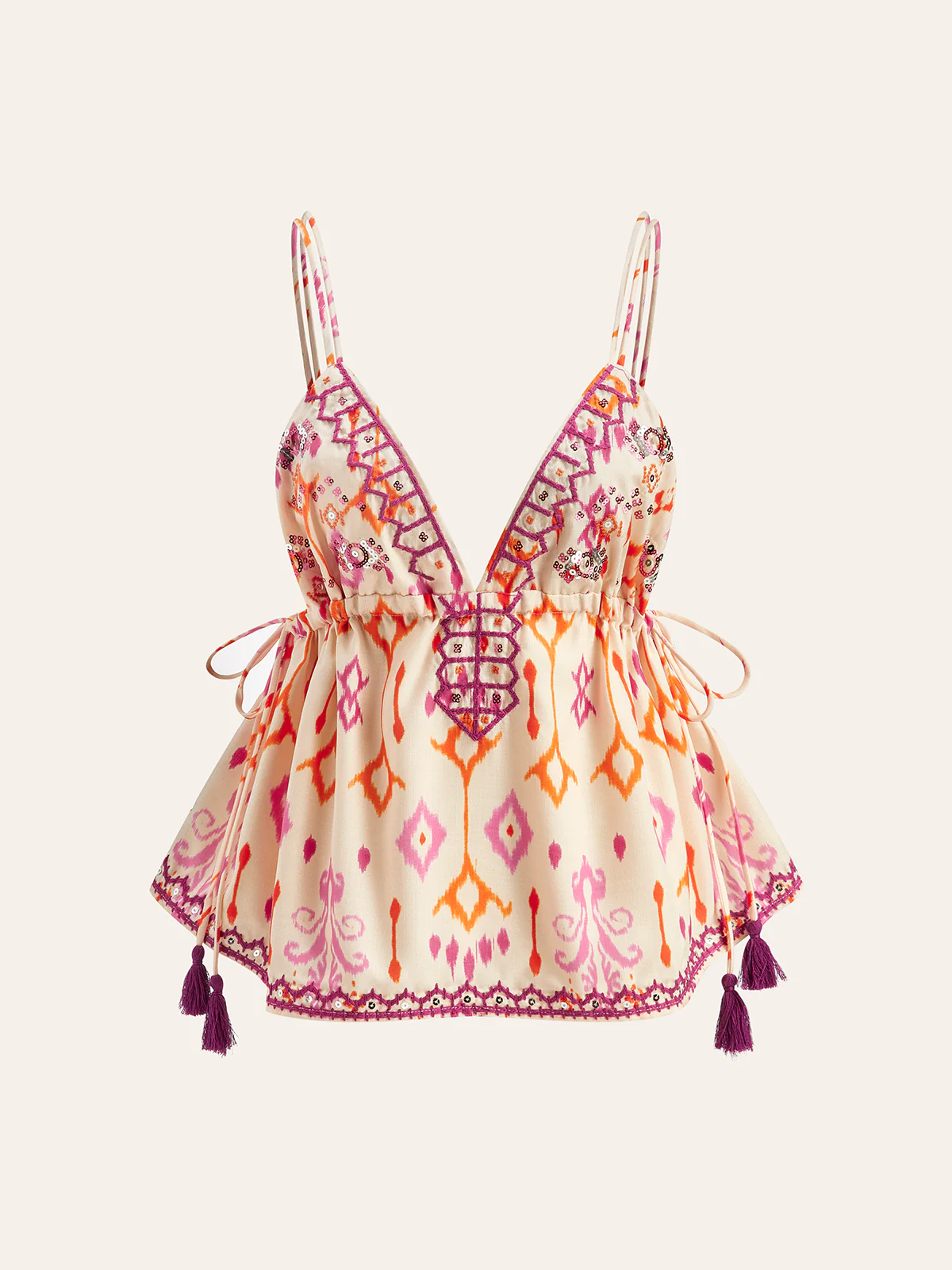 Embroidered Boho Tassel Tie Cami Top - Takermore