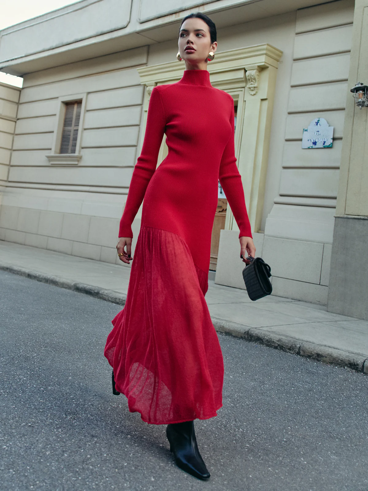 Mock Neck  Pleated Panel Sweater Dress - Takermore