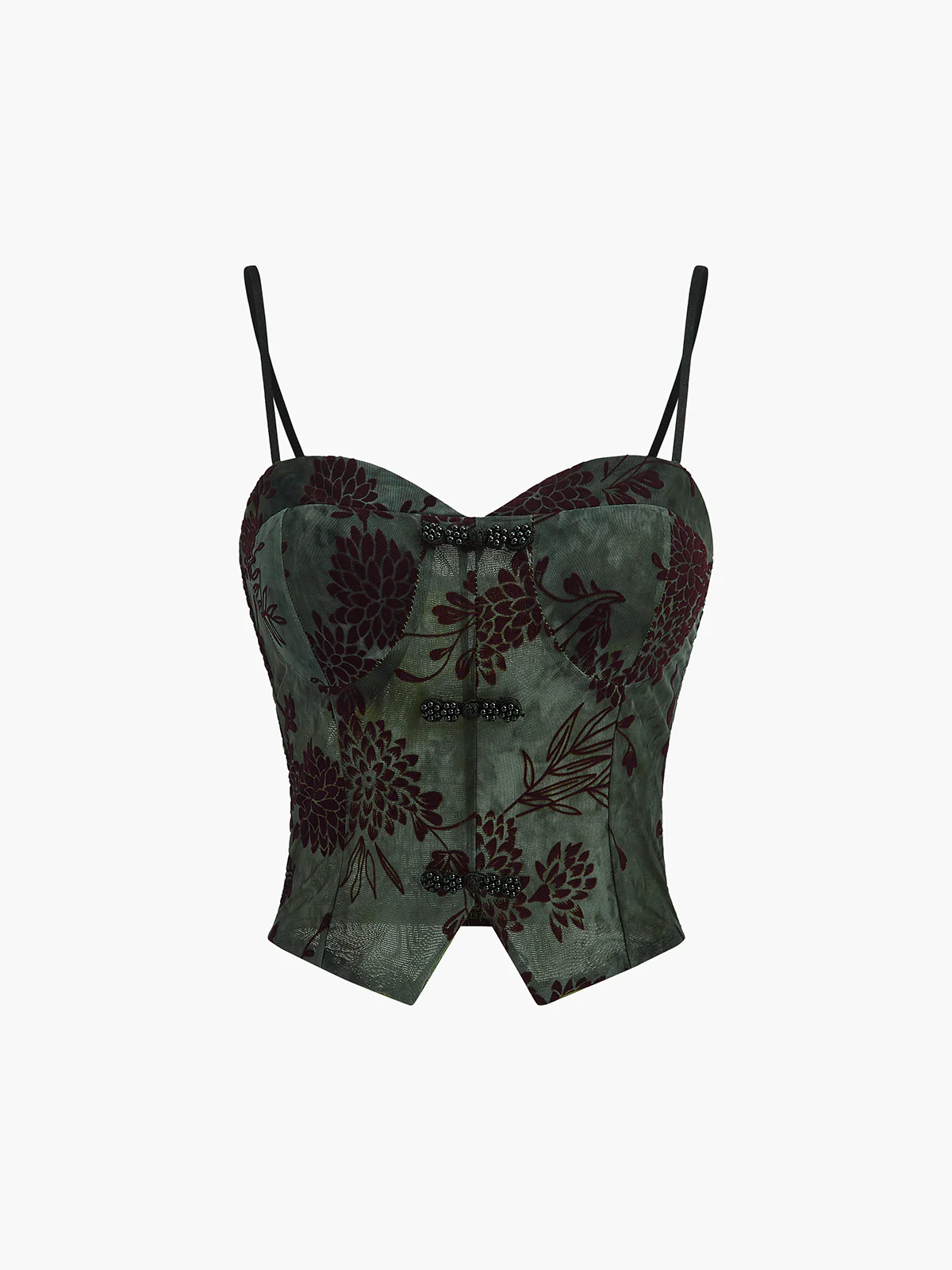 Semi-Sheer Button Detail Velvet Floral Cami Top - Takermore